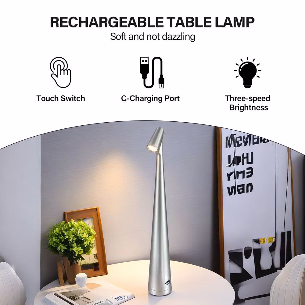 INMTFEI Touch LED Table Lamp in Silver, USB-C Rechargeable with Dimmer Function – 6