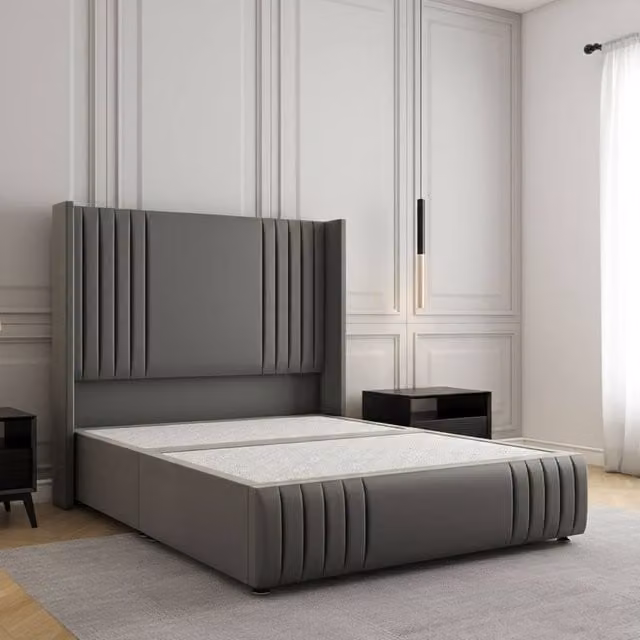Regional Furnishings Double Divan Bed with Plush Velvet Headboard and Footboard in Grey, W/D/H: 140 x 200 cm