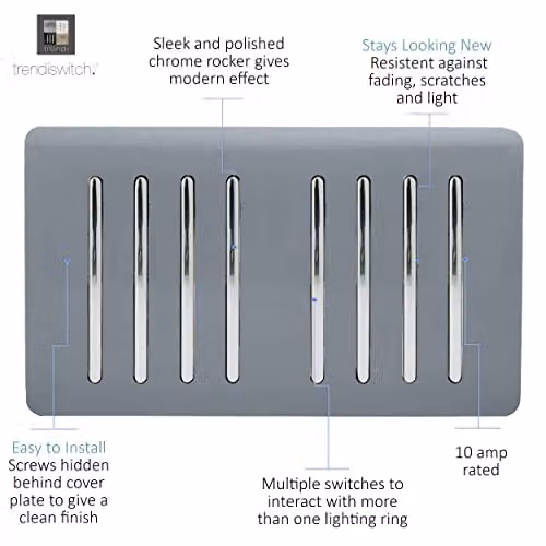 Trendi Modern Glossy 8 Gang 2 Way Rocker Double Plate Tactile Light Switch - Grey – 2