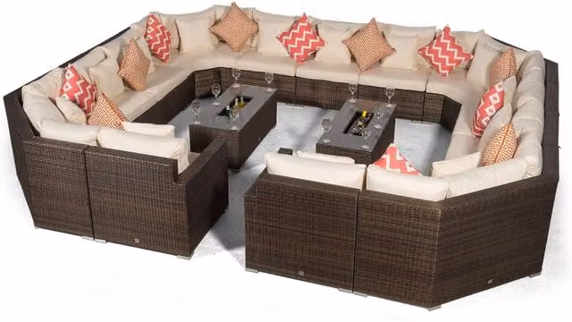 Giardino Santorini 13 Seat Rattan Sofa Set with 2 Drinks Cooler Coffee Tables in Brown and Grey