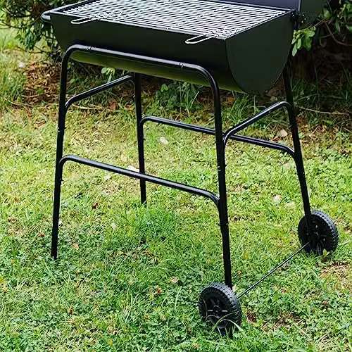Gr8 Garden Large Black Steel Oil Drum Charcoal BBQ Grill with Warming Rack and Wheels – 4