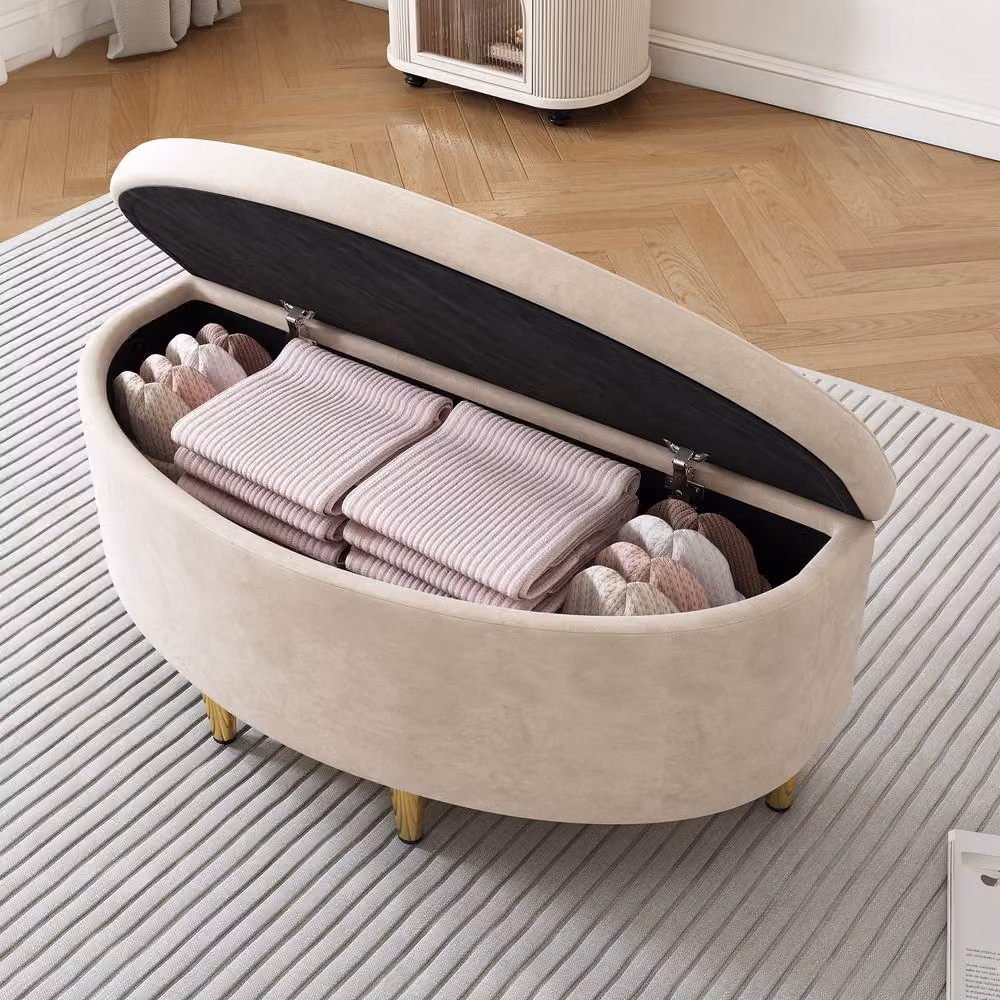 Rolipo Beige Velvet Single Bed with Shell Headboard and Storage Bench, W/D/H: 90 x 190 cm – 2