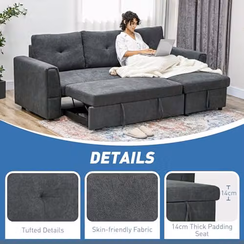 HOMCOM L-Shaped 3 Seater Pull Out Sofa Bed with Storage in Grey – 6