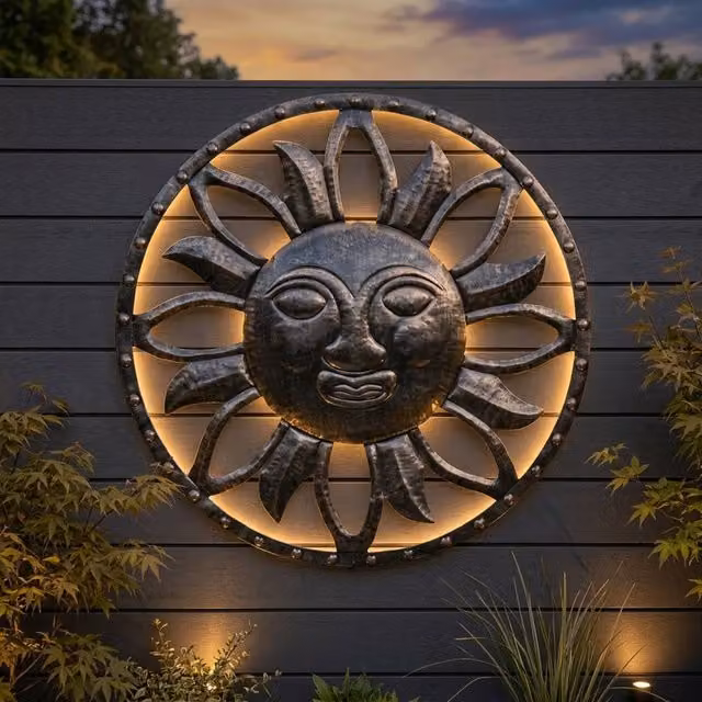 Garden Greatness Lunaria Iron Sun Solar Wall Light in Bronze