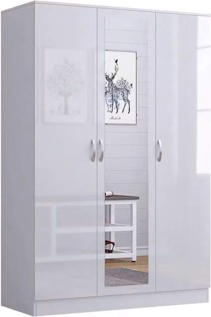FORGEVIO Modern White Wardrobe with High Gloss Hinged Doors and Internal Shelving