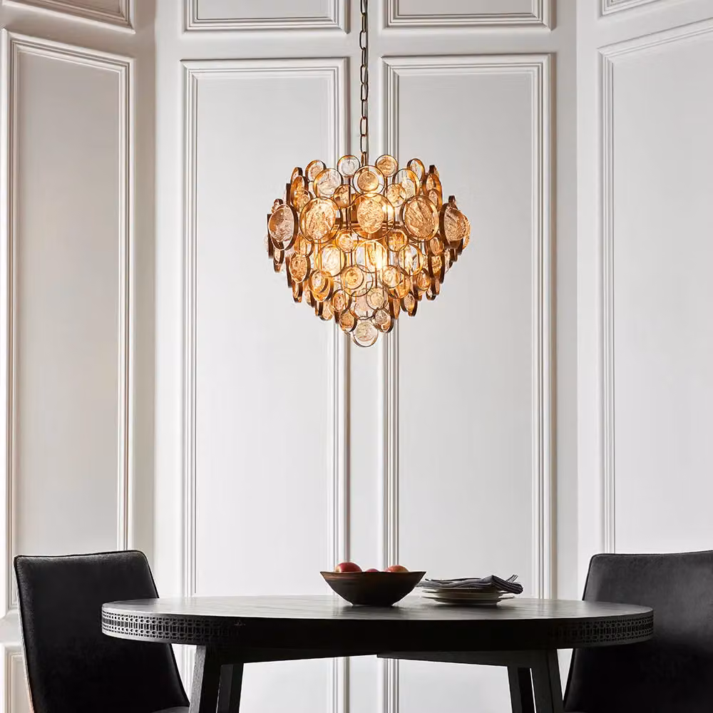 Loops Antique Gold Ornate Chandelier with Transparent and Amber Glass Detailing, Dimmable and Height Adjustable – 2