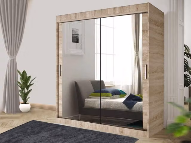 RAC3 Modern Sliding Mirror Wardrobe with Integrated Drawers in Light Oak, W: 180 cm