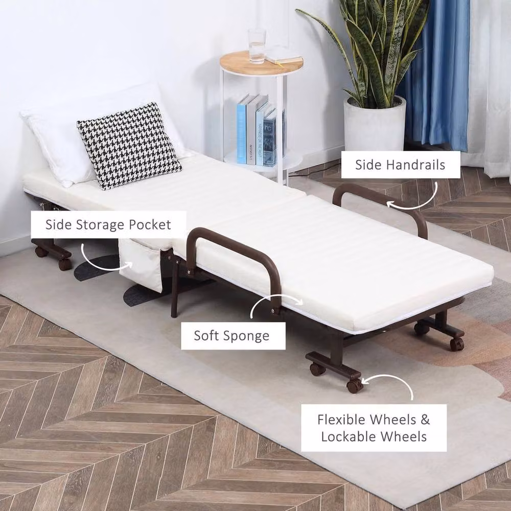 NESTLUNE Folding Bed with Foam Mattress and Wheels, Adjustable Backrest, White, Cot Size – 3
