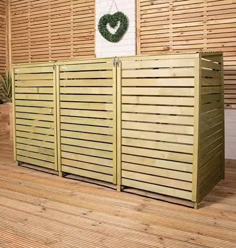 Samuel Alexander Brown Wooden Triple Wheelie Bin Store for 3 Bins, W: 122 cm, H: 199 cm, D: 79 cm – 1