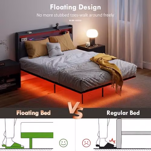 HOMCOM Double Floating Bed Frame in Grey with RGB LED Lights, USB Charging Port and Side Compartments, W/D/H: 140 x 190 x 135 cm – 4