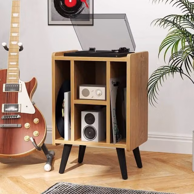 KORVIXA Modern Brown Wood Vinyl Record Storage Turntable Stand with Media Compartments, Width: 100 cm – 1
