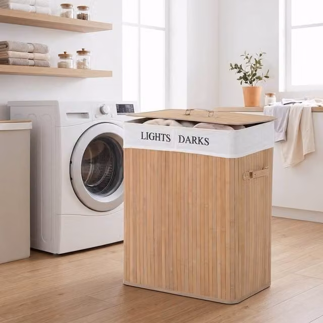 STILVORA Wood Laundry Hamper with Lid and Removable Lining, 100L, Natural Brown and Beige – 1