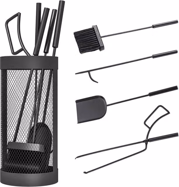 OUTSUNNY 5-Piece Fireplace Tools Set with Basket in Black – 1