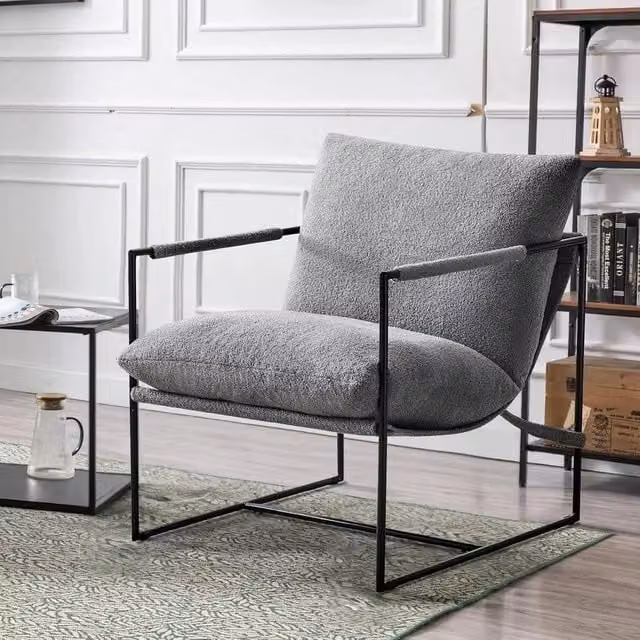 KORVIXA Modern Lounge Armchair in Grey Bouclé Fabric with Metal Frame – 1