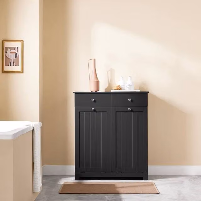SoBuy Large Bathroom Storage Cabinet with 2 Drawers and 2 Baskets, Black, Height: 90 cm