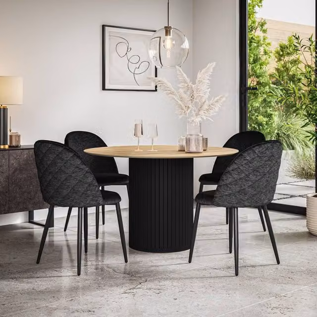 More4Homes Arlo Oak Round Dining Table with Black Legs and Raye Velvet Dining Chairs Set of 6, W: 120 cm, H: 75 cm – 1