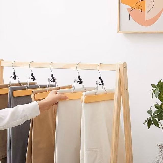 SONGMICS Wooden Trouser Hangers with Chrome Hook and Bar, Yellow