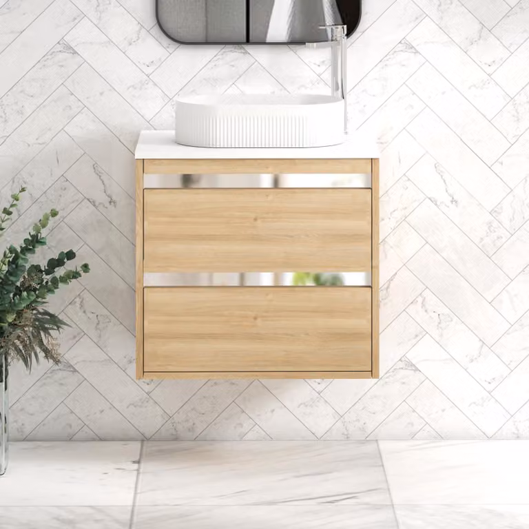Royal Bathrooms Orion 2 Drawer Natural Oak Wall Hung Vanity Unit with Plain White Top and Countertop Basin