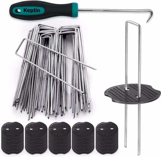 Keplin 101-Piece U-Shaped Garden Peg Set with Washers and Pick Hook in Silver Galvanised Steel