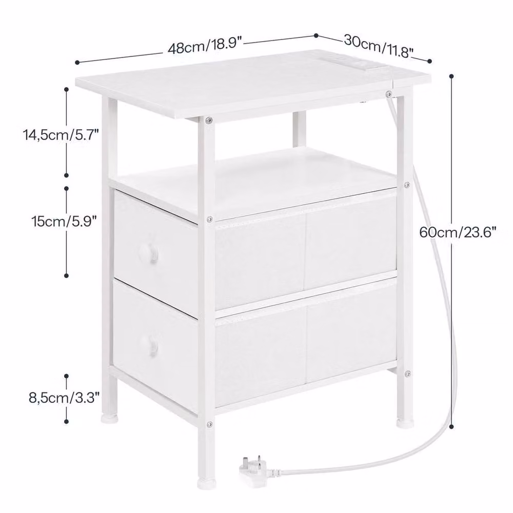 FORGEVIO White Bedside Table with Charging Station and Media Compartments – 2