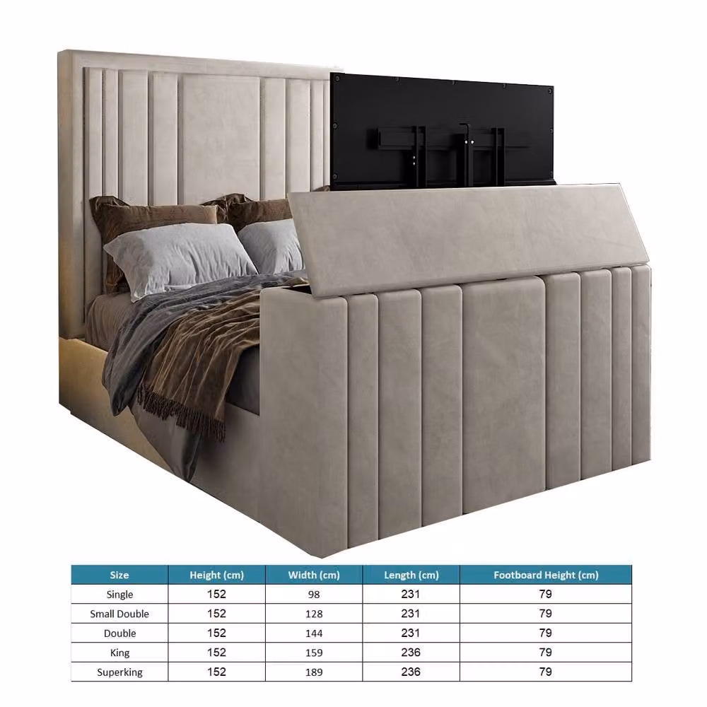 KDMD Ashburnham Upholstered Soft Velvet TV Bespoke Bed Frame in Light Sand, Size: Super King, W/D/H: 200 x 152 x 189 cm – 3