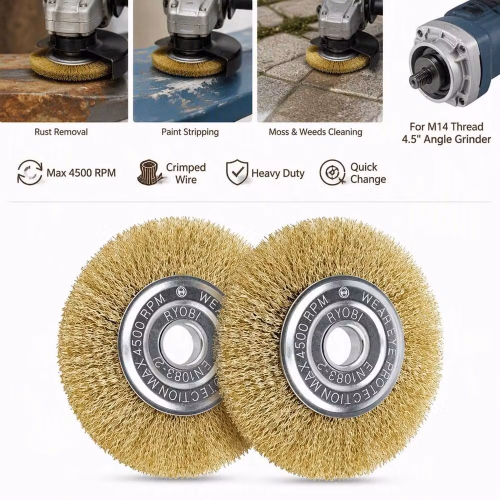 NESTLUNE 2-Pack Gold Flat Crimped Wire Wheel Brushes 115mm M14 for Angle Grinders – 3
