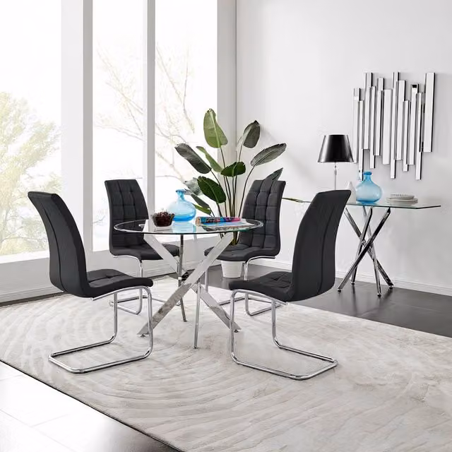 FurnitureboxUK Novara 100cm Round Glass Dining Table and 4 Murano Dining Chairs in Black and Transparent