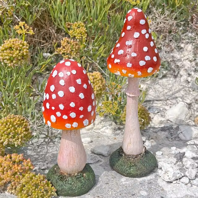 Farmwood Pair of Red Cap Pointed Garden Mushroom Toadstool Ornaments in Resin