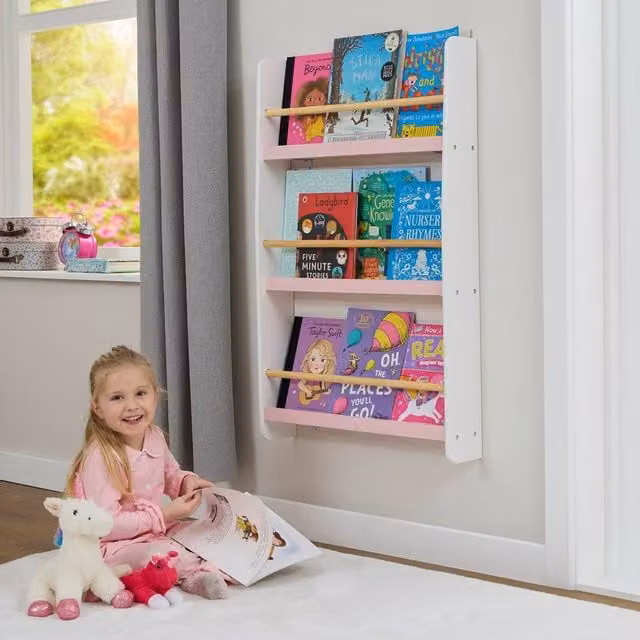 Liberty House Toys Kids Picture Book Wall Bookshelf in White and Baby Pink