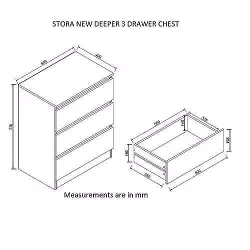 FWStyle Stora 3 Drawer Chest of Drawers in Grey Gloss, H 77 x W 60 x D 40 cm – 2
