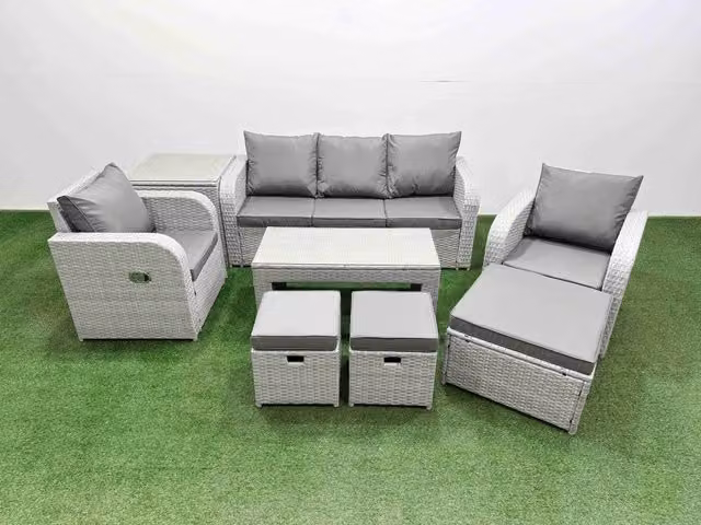 Fimous PE Rattan Garden Furniture Set in Light Grey with Reclining Chair, Sofa, Rectangular Coffee Table, Side Table and 3 Stools