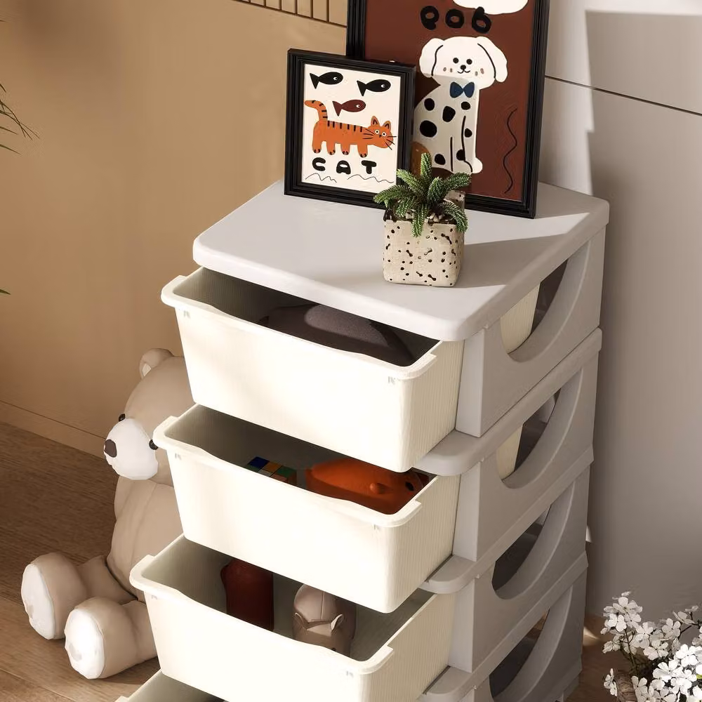 STILVORA 4-Tier Kids Storage Unit with 4 Drawers in Beige and White – 6