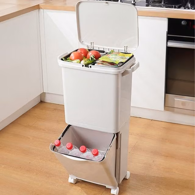 Lifeideas 2-Tier Waste Separation Bin with Flip Lid and Wheels, White, 38l