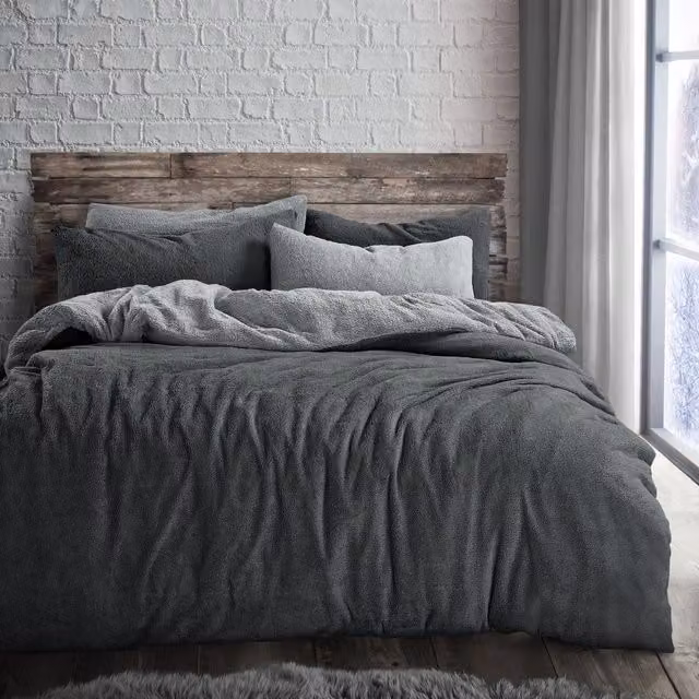 Velosso Teddy Two Tone Warm & Cosy Duvet Cover and Pillowcase Set in Grey, Double (Duvet Cover: 200 x 220 cm, Pillowcase: 140 x 200 cm)
