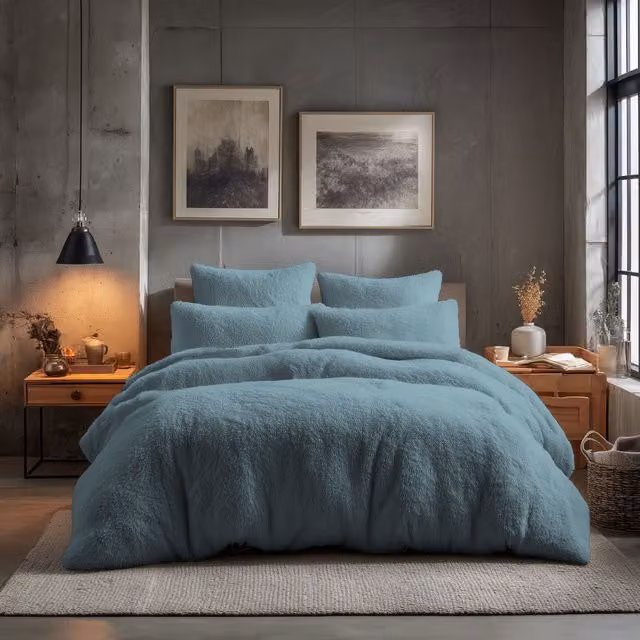 Home Sweet Home UK Teddy Bear Fleece Duvet Cover and Pillowcase Set, Blue, Single (90 x 190 cm)