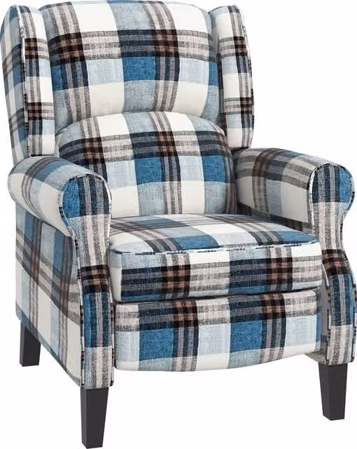 HOMCOM Blue Wingback Reclining Armchair with Integrated Footrest and Wood Legs – 1