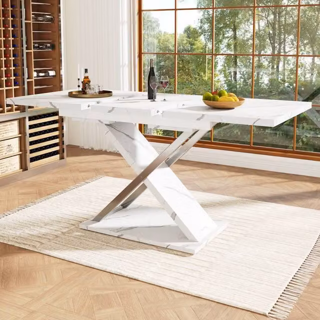 BTM Extendable Rectangular Dining Table with X-Frame Legs in White – 1
