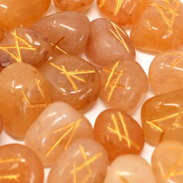 KDMK Aventurine Runes Stone Set in Pouch, Yellow and Red