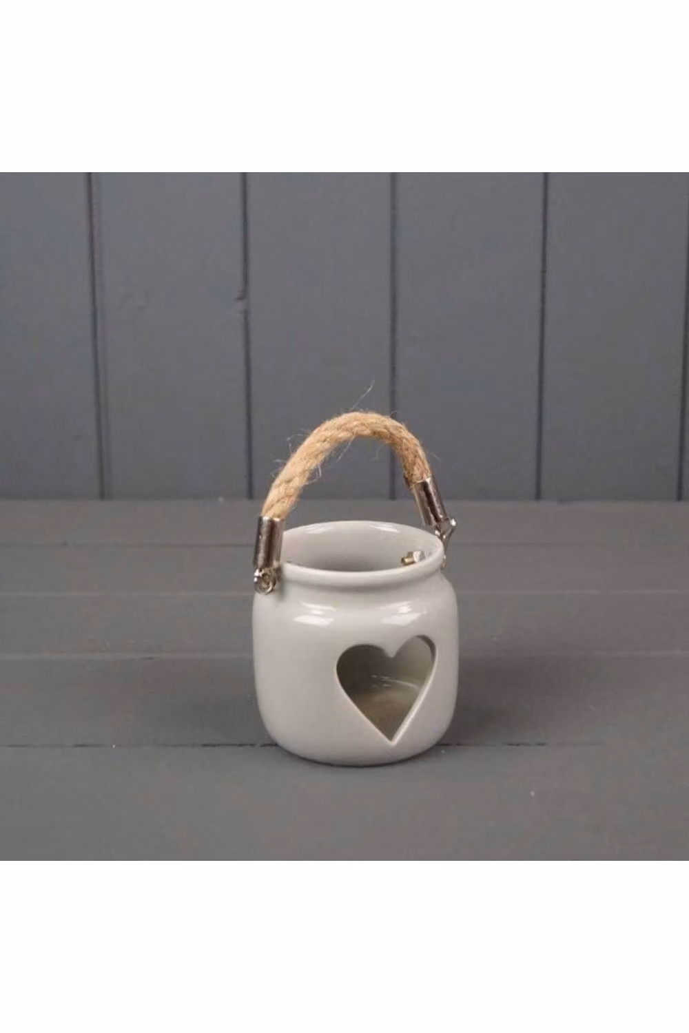 KDMD Grey Porcelain Heart Tealight Holder with Rope Handle – 2