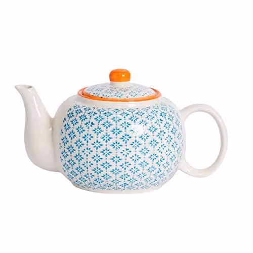 Nicola Spring Hand-Printed Porcelain Teapot with Blue Floral Pattern and Orange Lid, 820ml – 1
