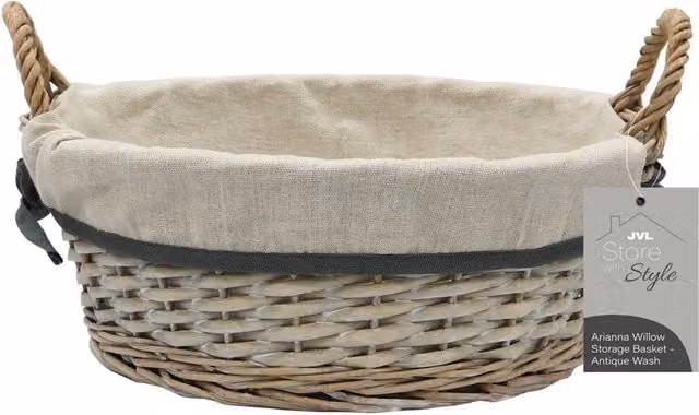 JVL Arianna Round Willow Open Weave Storage Basket, Grey