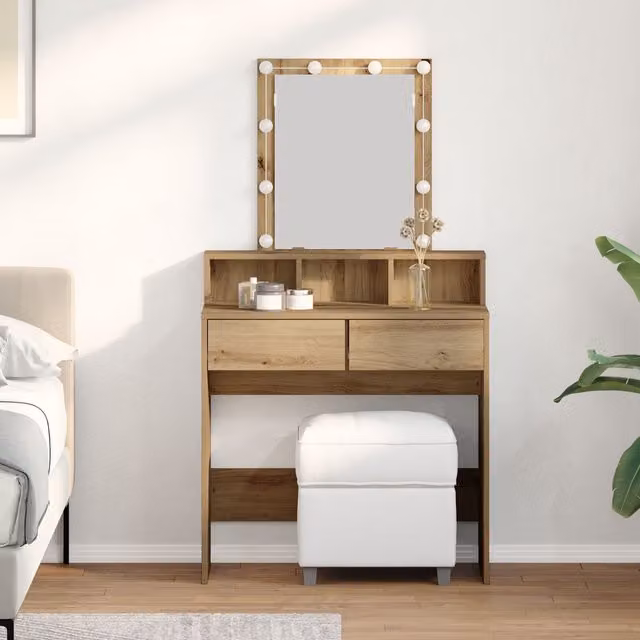 Berkfield Home Hollywood LED Dressing Table with Mirror in Artisan Oak Brown – 1