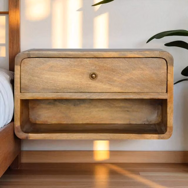 Artisan Furniture Solid Mango Wood Floating Curve Open Slot Bedside Table in Brown