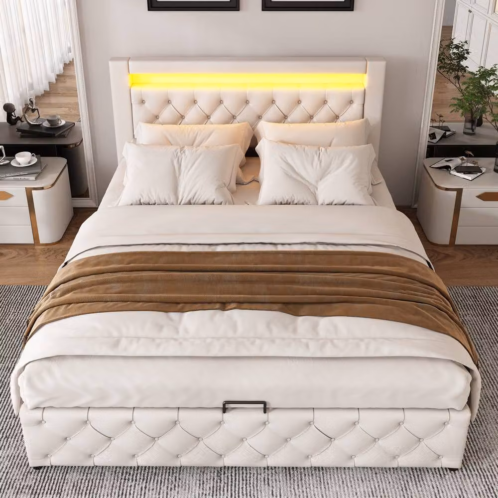 Rolipo White PU Upholstered Double Ottoman Bed with LED Headboard, W/D/H: 150 x 200 cm – 4