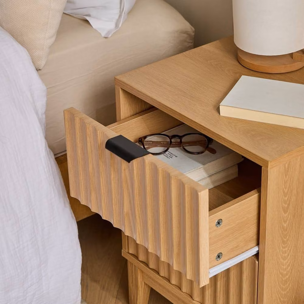 CALICOSY Bologna Bedside Table with 2 Drawers and Wave-Effect Fronts, Light Brown, H: 52 cm, W: 40 cm, D: 40 cm – 2