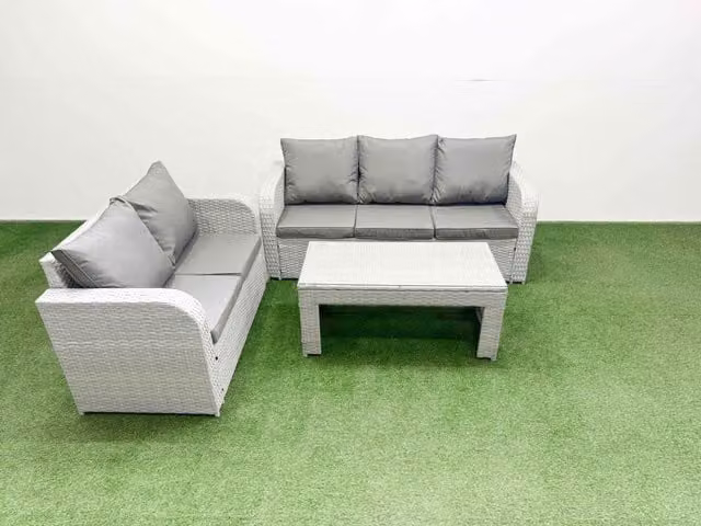 Fimous 5 Seater PE Rattan Wicker Garden Furniture Set in Light Grey with 3 Seater Sofa, Love Seat, and Oblong Coffee Table