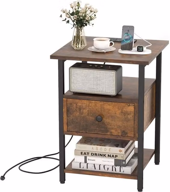 Gymax Brown Nightstand Bedside End Table with Charging Station, Drawer and Open Shelves – 1