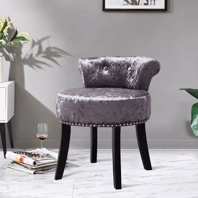 Livingandhome Grey Velvet Upholstered Dressing Table Makeup Stool with Rubberwood Frame