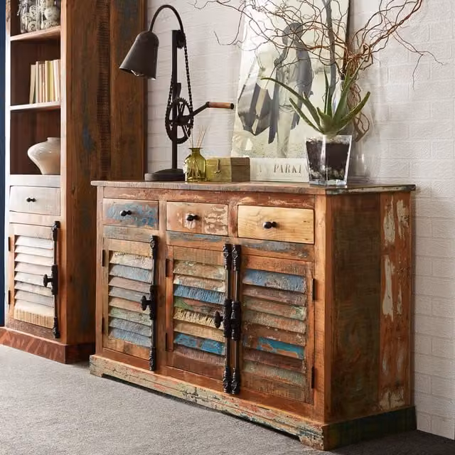 IH Design Modern Reclaimed Boat Wood Large Sideboard with 3 Doors and 3 Drawers in Multicolour and Brown