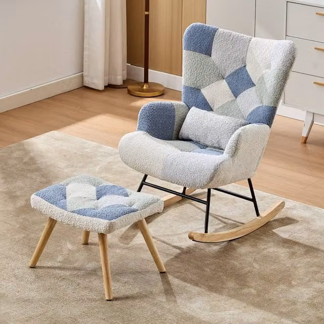 Merax Teddy Bouclé Patchwork Rocking Chair with Ottoman and Lumbar Pillow in Beige